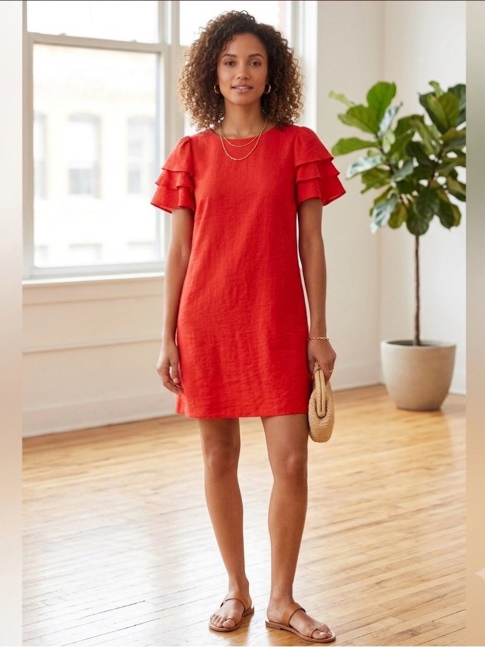 Skies Are Blue Red Ruffle Sleeve Shirt Dress Size XS.